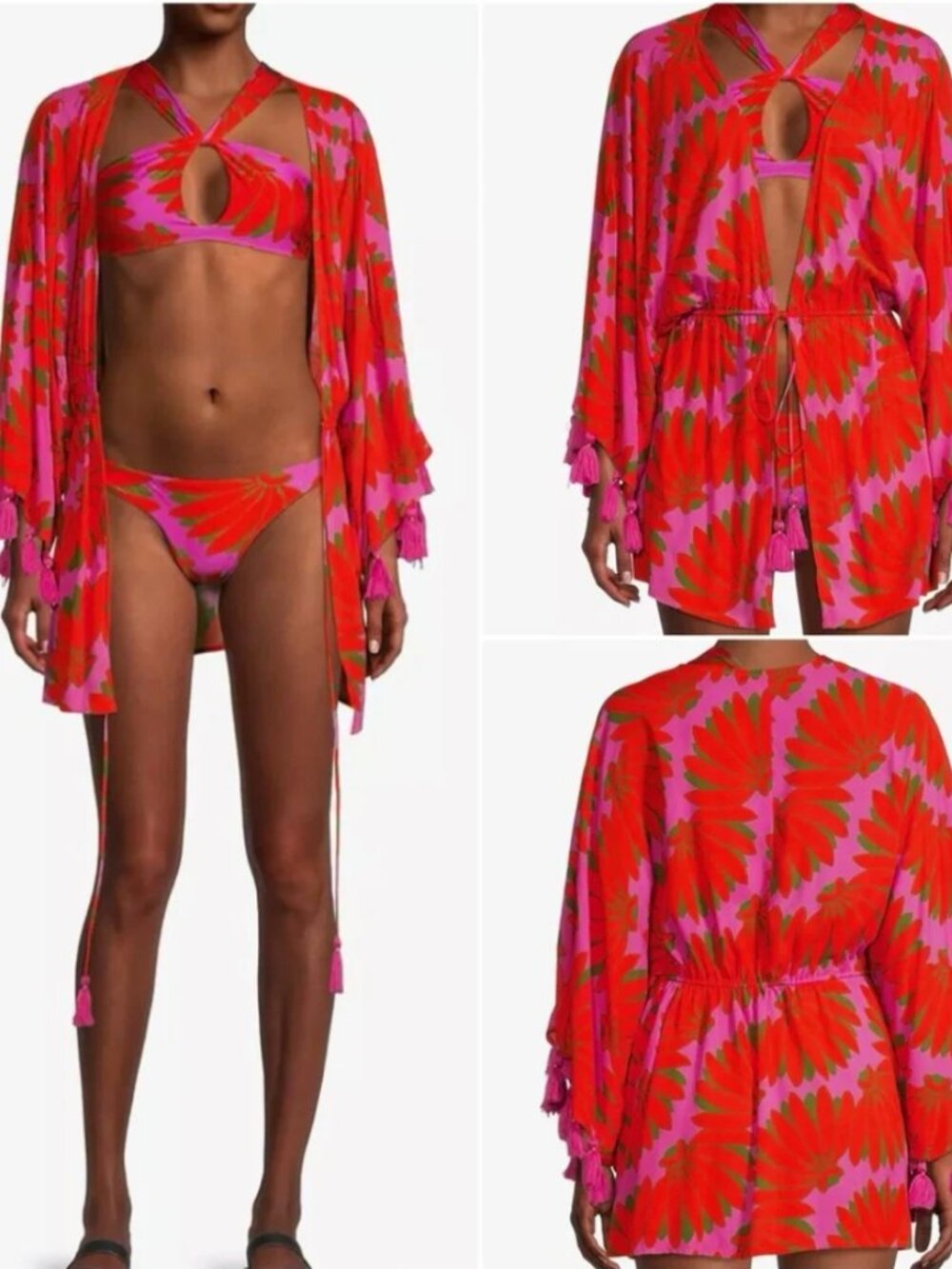 Farm Rio Copabanana Swim Cover Up Mini V Neck Long Sleeve Top Tassels Orange XS